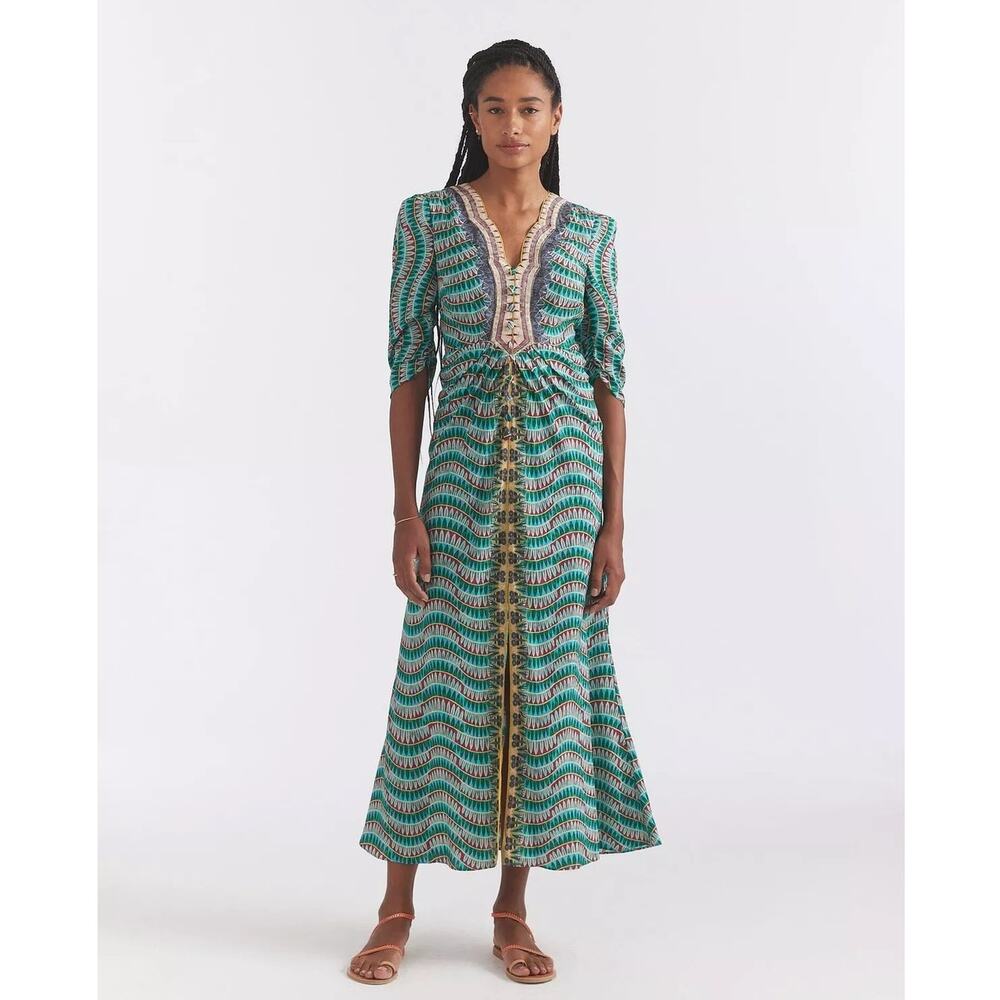 NWT SALONI Mitsu Gathered Printed Silk Midi Dress in Amulet Wave Size US 4